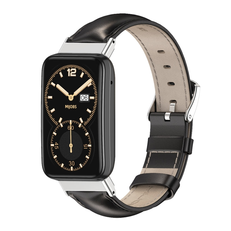 For Xiaomi Mi Band 7 Pro Mijobs Genuine Leather Top Layer Cowhide Watch Band(Black Silver) - Watch Bands by MIJOBS | Online Shopping South Africa | PMC TechLife | Buy Now Pay Later Mobicred