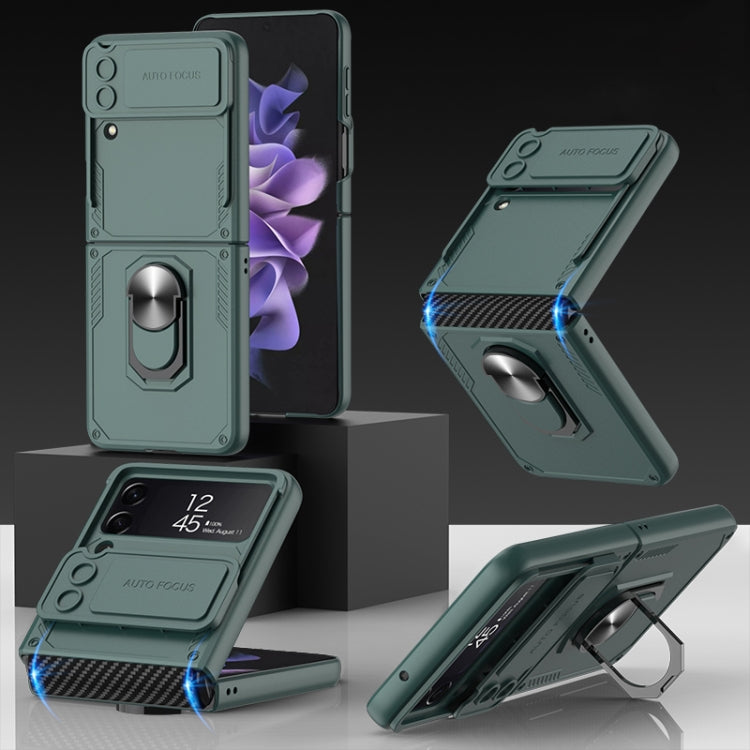 For Samsung Galaxy Z Flip4 GKK Carbon Brazing Pattern Shockproof Armor PC Phone Case with Ring Holder(Green) - Galaxy Z Flip4 5G Cases by GKK | Online Shopping South Africa | PMC Jewellery