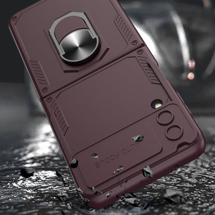 For Samsung Galaxy Z Flip4 GKK Carbon Brazing Pattern Shockproof Armor PC Phone Case with Ring Holder(Wine Red) - Galaxy Z Flip4 5G Cases by GKK | Online Shopping South Africa | PMC TechLife