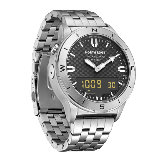 NORTH EDGE Snow-Leopard Outdoor Waterproof Men Multifunction Stainless Steel Strap Smart Watch(Silver) - Metal Strap Watches by NORTH EDGE | Online Shopping South Africa | PMC Jewellery | Buy Now Pay Later Mobicred