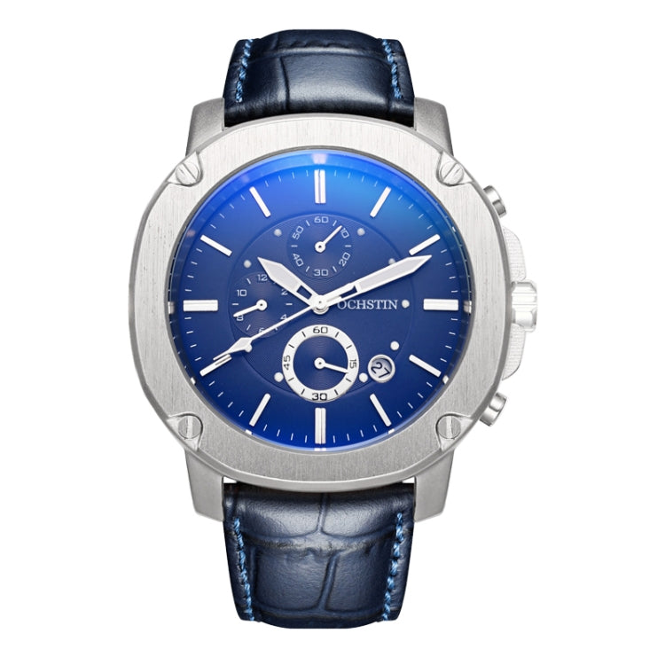 Ochstin 5039C Multifunctional Business Men Watch Luminous Waterproof Leather Quartz Watch(Silver+Silver+Blue) - Leather Strap Watches by OCHSTIN | Online Shopping South Africa | PMC Jewellery | Buy Now Pay Later Mobicred