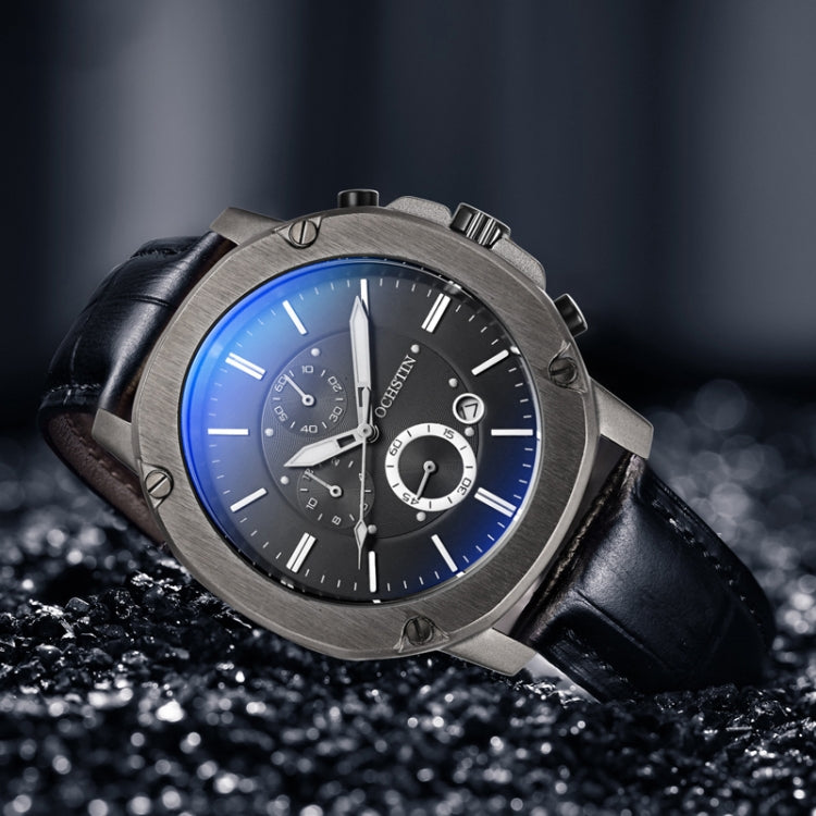 Ochstin 5039C Multifunctional Business Men Watch Luminous Waterproof Leather Quartz Watch(Silver+Silver+Blue) - Leather Strap Watches by OCHSTIN | Online Shopping South Africa | PMC Jewellery | Buy Now Pay Later Mobicred