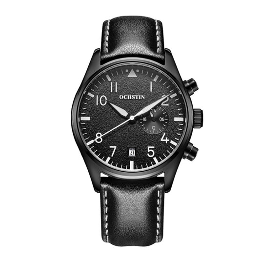 Ochstin 5043C Multifunctional Business Waterproof Leather Strap Quartz Watch(Black+Black+White) - Leather Strap Watches by OCHSTIN | Online Shopping South Africa | PMC Jewellery | Buy Now Pay Later Mobicred