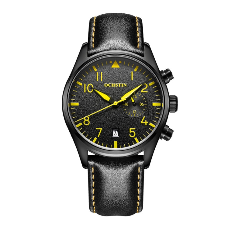 Ochstin 5043C Multifunctional Business Waterproof Leather Strap Quartz Watch(Black+Black+Yellow) - Leather Strap Watches by OCHSTIN | Online Shopping South Africa | PMC Jewellery | Buy Now Pay Later Mobicred