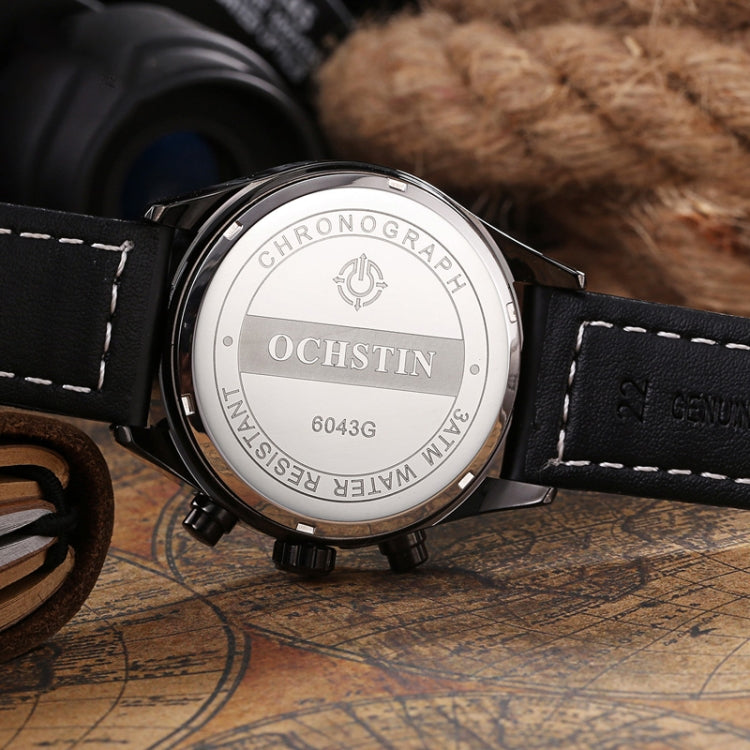 Ochstin 5043C Multifunctional Business Waterproof Leather Strap Quartz Watch(Black+Black+Blue) - Leather Strap Watches by OCHSTIN | Online Shopping South Africa | PMC Jewellery | Buy Now Pay Later Mobicred