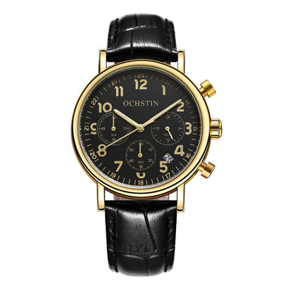 Ochstin 5081A Multifunctional Luminous Waterproof Leather Strap Quartz Watch(Gold+Black+Black) - Leather Strap Watches by OCHSTIN | Online Shopping South Africa | PMC Jewellery | Buy Now Pay Later Mobicred