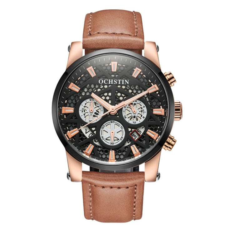 Ochstin 5052B Multifunctional Business Waterproof Leather Strap Quartz Watch(Rose Gold+Brown) - Leather Strap Watches by OCHSTIN | Online Shopping South Africa | PMC Jewellery | Buy Now Pay Later Mobicred