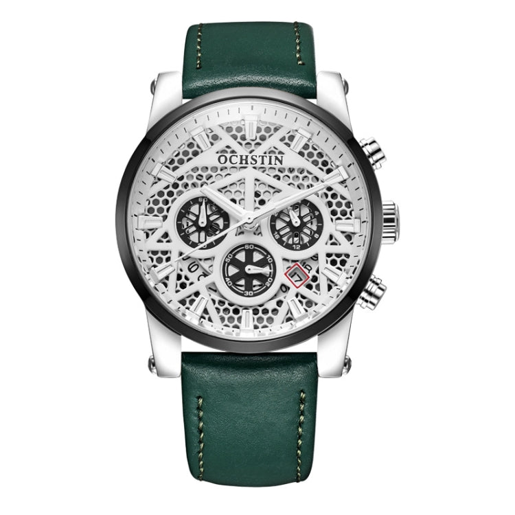 Ochstin 5052B Multifunctional Business Waterproof Leather Strap Quartz Watch(Silver+Black+Green) - Leather Strap Watches by OCHSTIN | Online Shopping South Africa | PMC Jewellery | Buy Now Pay Later Mobicred