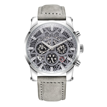 Ochstin 5052B Multifunctional Business Waterproof Leather Strap Quartz Watch(Silver+Grey) - Leather Strap Watches by OCHSTIN | Online Shopping South Africa | PMC Jewellery | Buy Now Pay Later Mobicred