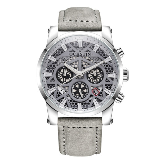 Ochstin 5052B Multifunctional Business Waterproof Leather Strap Quartz Watch(Silver+Grey) - Leather Strap Watches by OCHSTIN | Online Shopping South Africa | PMC Jewellery | Buy Now Pay Later Mobicred