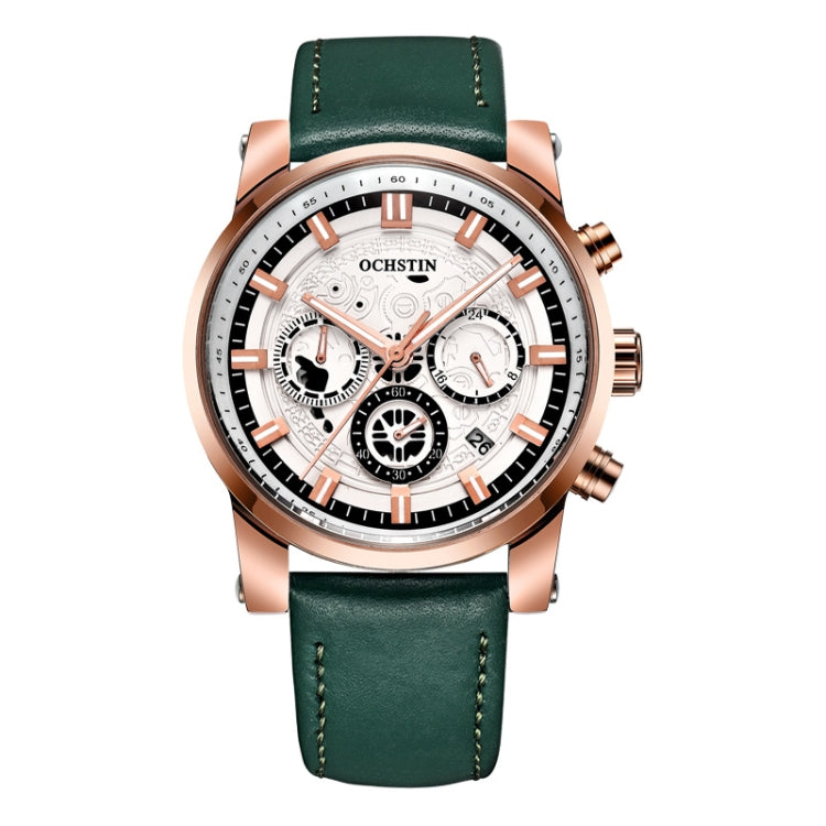 Ochstin 5111B Multifunctional Business Waterproof Luminous Leather Strap Quartz Watch(Rose Gold+Green) - Leather Strap Watches by OCHSTIN | Online Shopping South Africa | PMC Jewellery | Buy Now Pay Later Mobicred