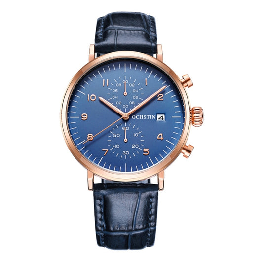 Ochstin 5076D Multifunctional Business Leather Waterproof Luminous Quartz Watch(Rose Gold+Blue) - Leather Strap Watches by OCHSTIN | Online Shopping South Africa | PMC Jewellery | Buy Now Pay Later Mobicred