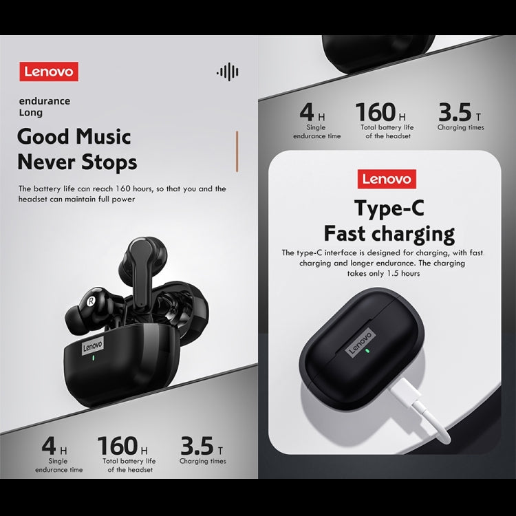 Lenovo LP1S TWS Wireless Bluetooth 5.0 Waterproof Sport Noise Reduction HIFI Bass Earphone with Mic(Black) - TWS Earphone by Lenovo | Online Shopping South Africa | PMC Jewellery | Buy Now Pay Later Mobicred