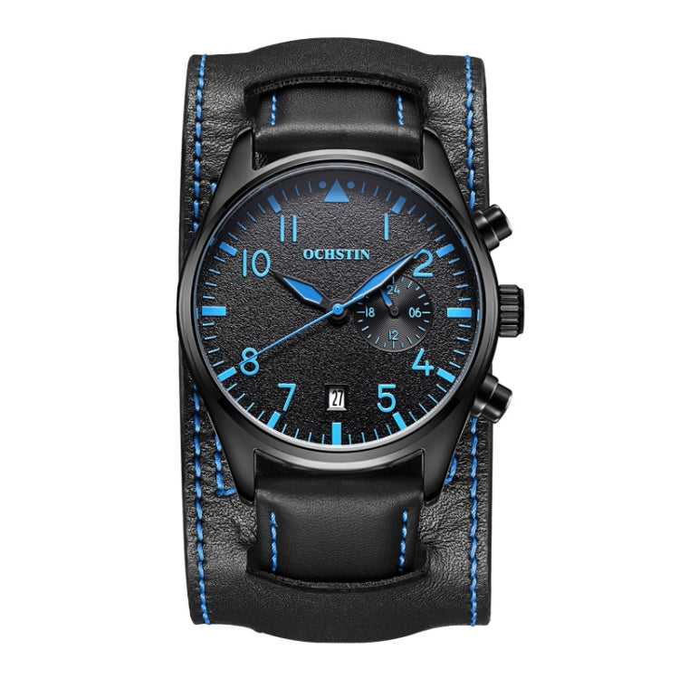 Ochstin 7228 Multifunctional Business Leather Wrist Wrist Waterproof Quartz Watch(Black+Blue) - Leather Strap Watches by OCHSTIN | Online Shopping South Africa | PMC Jewellery | Buy Now Pay Later Mobicred