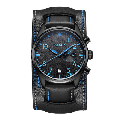 Ochstin 7228 Multifunctional Business Leather Wrist Wrist Waterproof Quartz Watch(Black+Blue) - Leather Strap Watches by OCHSTIN | Online Shopping South Africa | PMC Jewellery | Buy Now Pay Later Mobicred