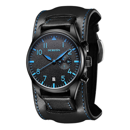 Ochstin 7228 Multifunctional Business Leather Wrist Wrist Waterproof Quartz Watch(Black+Blue) - Leather Strap Watches by OCHSTIN | Online Shopping South Africa | PMC Jewellery | Buy Now Pay Later Mobicred