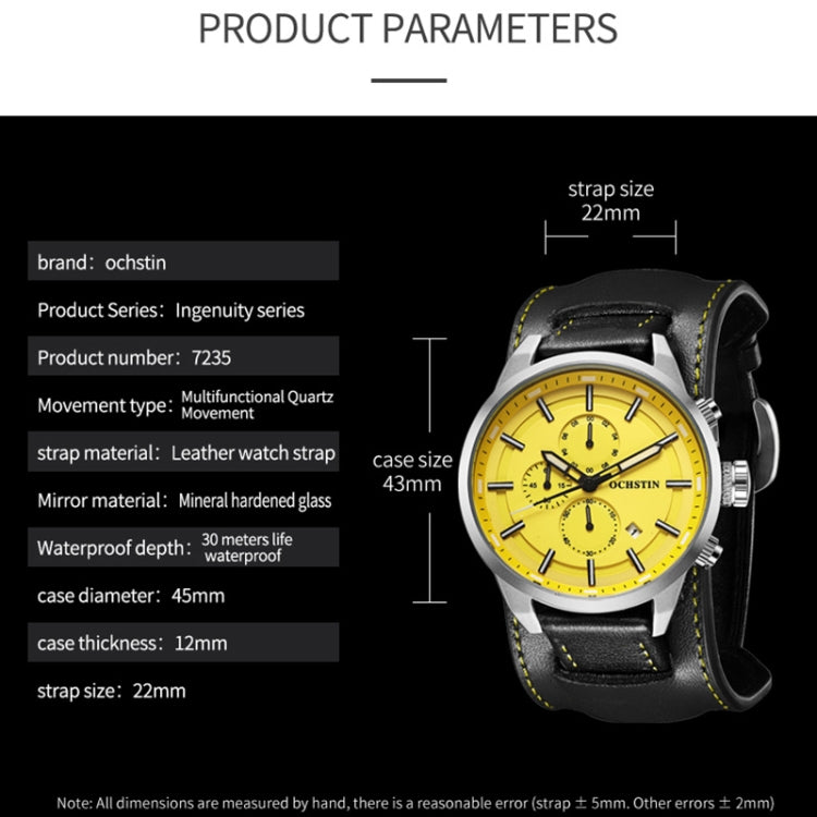 Ochstin 7235 Multifunctional Business Leather Wrist Wrist Waterproof Quartz Watch(Yellow+Silver) - Leather Strap Watches by OCHSTIN | Online Shopping South Africa | PMC Jewellery | Buy Now Pay Later Mobicred