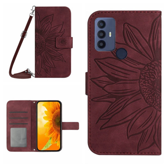 For TCL 30 SE/30E/306/305 Skin Feel Sun Flower Pattern Flip Leather Phone Case with Lanyard(Wine Red) - More Brand by PMC Jewellery | Online Shopping South Africa | PMC Jewellery