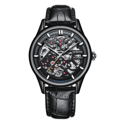 OCHSTIN 6020C Masterpiece Hollow Mechanical Men Watch(Black-Black) - Leather Strap Watches by OCHSTIN | Online Shopping South Africa | PMC Jewellery | Buy Now Pay Later Mobicred