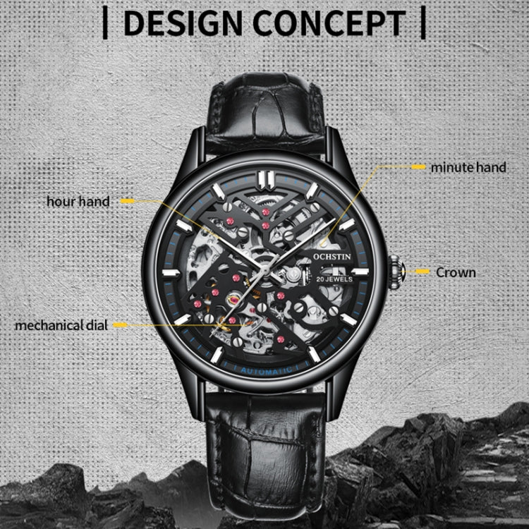 OCHSTIN 6020C Masterpiece Hollow Mechanical Men Watch(Silver-Black) - Leather Strap Watches by OCHSTIN | Online Shopping South Africa | PMC Jewellery | Buy Now Pay Later Mobicred