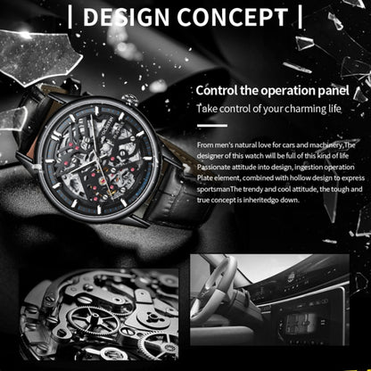 OCHSTIN 6020C Masterpiece Hollow Mechanical Men Watch(Black-Black) - Leather Strap Watches by OCHSTIN | Online Shopping South Africa | PMC Jewellery | Buy Now Pay Later Mobicred