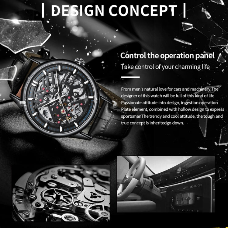 OCHSTIN 6020C Masterpiece Hollow Mechanical Men Watch(Silver-Black) - Leather Strap Watches by OCHSTIN | Online Shopping South Africa | PMC Jewellery | Buy Now Pay Later Mobicred