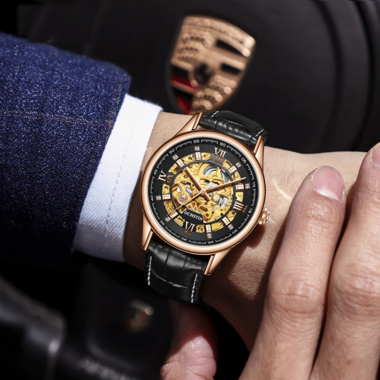 OCHSTIN 6020D Masterpiece Hollow Mechanical Men Watch(Rose Gold-Black) - Leather Strap Watches by OCHSTIN | Online Shopping South Africa | PMC Jewellery | Buy Now Pay Later Mobicred