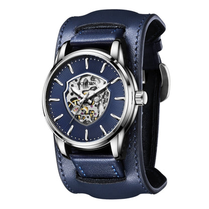 OCHSTIN 7010C Pilot Series Hollow Mechanical Men Watch(Silver-Blue) - Leather Strap Watches by OCHSTIN | Online Shopping South Africa | PMC Jewellery | Buy Now Pay Later Mobicred