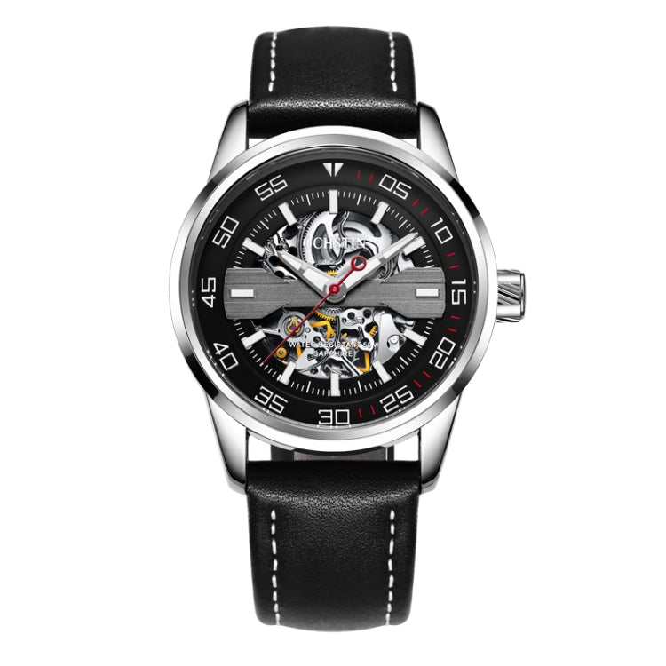 OCHSTIN 62002A Master Series Hollow Mechanical Men Watch(Silver-Black) - Leather Strap Watches by OCHSTIN | Online Shopping South Africa | PMC Jewellery | Buy Now Pay Later Mobicred