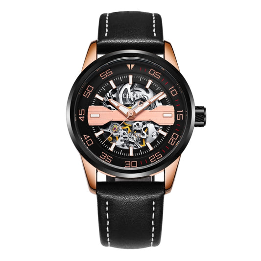 OCHSTIN 62002A Master Series Hollow Mechanical Men Watch(Rose Gold-Black) - Leather Strap Watches by OCHSTIN | Online Shopping South Africa | PMC Jewellery | Buy Now Pay Later Mobicred