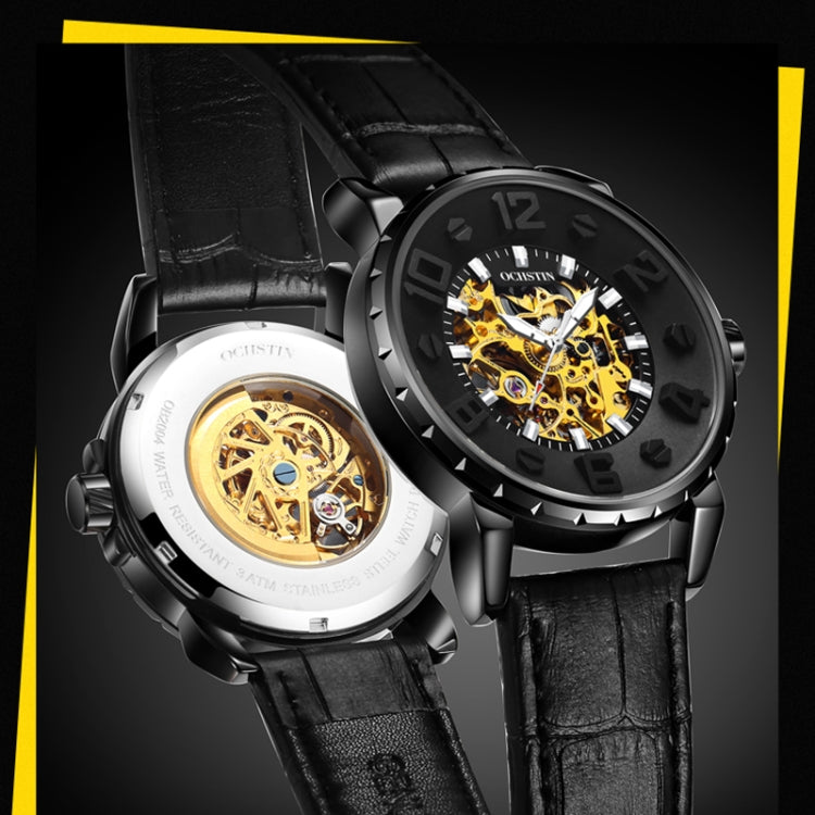 OCHSTIN 62004A Master Series Hollow Mechanical Men Watch(Black-Gold) - Leather Strap Watches by OCHSTIN | Online Shopping South Africa | PMC Jewellery | Buy Now Pay Later Mobicred