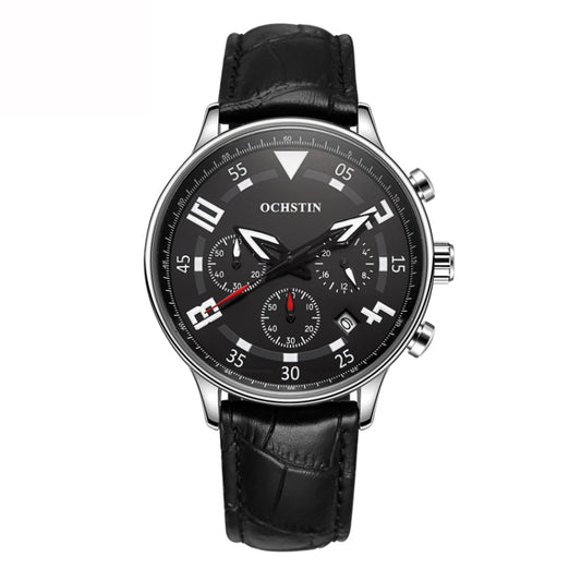 Ochstin 6050B Multifunctional Quartz Men Leather Watch(Silver+Black) - Leather Strap Watches by OCHSTIN | Online Shopping South Africa | PMC Jewellery | Buy Now Pay Later Mobicred