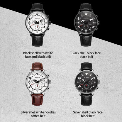 Ochstin 6050B Multifunctional Quartz Men Leather Watch(Black+White+Black) - Leather Strap Watches by OCHSTIN | Online Shopping South Africa | PMC Jewellery | Buy Now Pay Later Mobicred