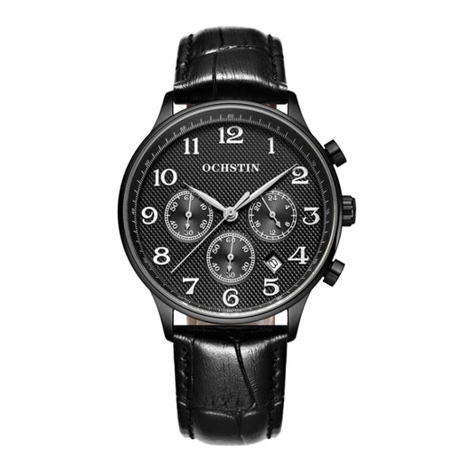 Ochstin 6050E Multifunctional Quartz Men Leather Watch(Black+Black) - Leather Strap Watches by OCHSTIN | Online Shopping South Africa | PMC Jewellery | Buy Now Pay Later Mobicred