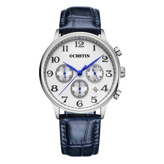 Ochstin 6050E Multifunctional Quartz Men Leather Watch(Silver+Blue) - Leather Strap Watches by OCHSTIN | Online Shopping South Africa | PMC Jewellery | Buy Now Pay Later Mobicred