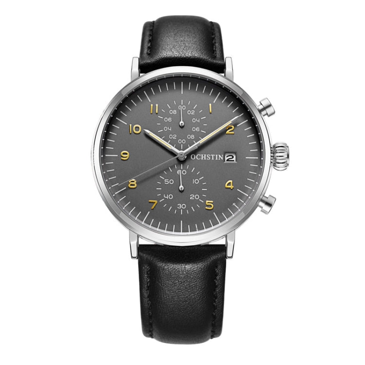 OCHSTIN 6076C Multifunctional Quartz Waterproof Men Leather Watch(Silver+Grey+Black) - Leather Strap Watches by OCHSTIN | Online Shopping South Africa | PMC Jewellery | Buy Now Pay Later Mobicred