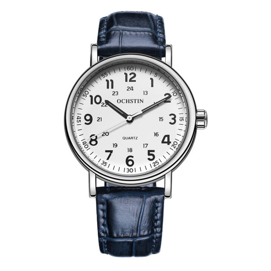 OCHSTIN 6081C Fashion Hollow Men Leather Quartz Watch(Silver+Blue) - Leather Strap Watches by OCHSTIN | Online Shopping South Africa | PMC Jewellery | Buy Now Pay Later Mobicred