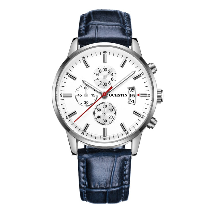 OCHSTIN 6084C Multifunctional Quartz Waterproof Luminous Men Leather Watch(Silver+Blue) - Leather Strap Watches by OCHSTIN | Online Shopping South Africa | PMC Jewellery | Buy Now Pay Later Mobicred