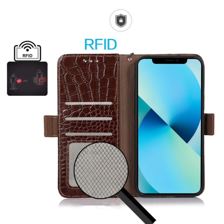 For Motorola Moto G72 Magnetic Crocodile Texture Genuine Leather RFID Phone Case(Brown) - Motorola Cases by PMC Jewellery | Online Shopping South Africa | PMC Jewellery