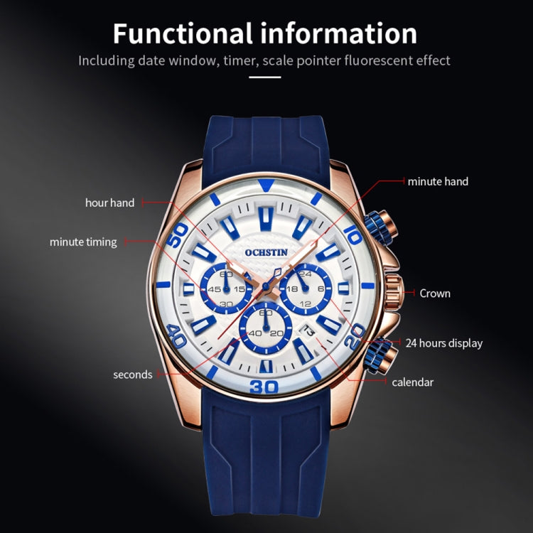 OCHSTIN 6094A Multifunctional Quartz Waterproof Luminous Men Watch(Rose Gold+Grey+Blue) - Leather Strap Watches by OCHSTIN | Online Shopping South Africa | PMC Jewellery | Buy Now Pay Later Mobicred