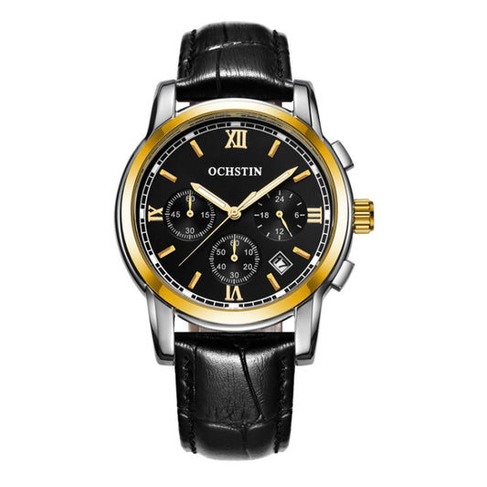 OCHSTIN 6097B Multifunctional Quartz Waterproof Luminous Men Leather Watch(Gold+Black+Black) - Leather Strap Watches by OCHSTIN | Online Shopping South Africa | PMC Jewellery | Buy Now Pay Later Mobicred