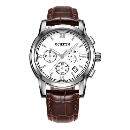 OCHSTIN 6097B Multifunctional Quartz Waterproof Luminous Men Leather Watch(Silver+Coffee) - Leather Strap Watches by OCHSTIN | Online Shopping South Africa | PMC Jewellery | Buy Now Pay Later Mobicred