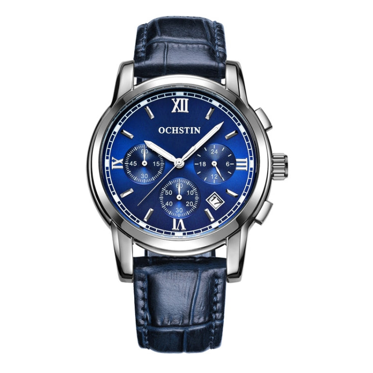 OCHSTIN 6097B Multifunctional Quartz Waterproof Luminous Men Leather Watch(Silver+Blue) - Leather Strap Watches by OCHSTIN | Online Shopping South Africa | PMC Jewellery | Buy Now Pay Later Mobicred