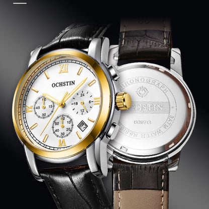 OCHSTIN 6097B Multifunctional Quartz Waterproof Luminous Men Leather Watch(Gold+White+Black) - Leather Strap Watches by OCHSTIN | Online Shopping South Africa | PMC Jewellery | Buy Now Pay Later Mobicred