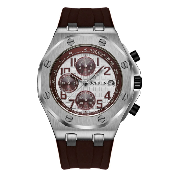 OCHSTIN 6100A Multifunctional Quartz Waterproof TPU Strap Men Watch(Silver+Coffee) - Leather Strap Watches by OCHSTIN | Online Shopping South Africa | PMC Jewellery | Buy Now Pay Later Mobicred