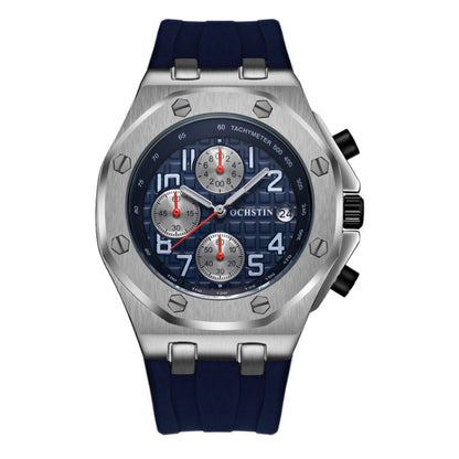 OCHSTIN 6100A Multifunctional Quartz Waterproof TPU Strap Men Watch(Silver+Blue) - Leather Strap Watches by OCHSTIN | Online Shopping South Africa | PMC Jewellery | Buy Now Pay Later Mobicred