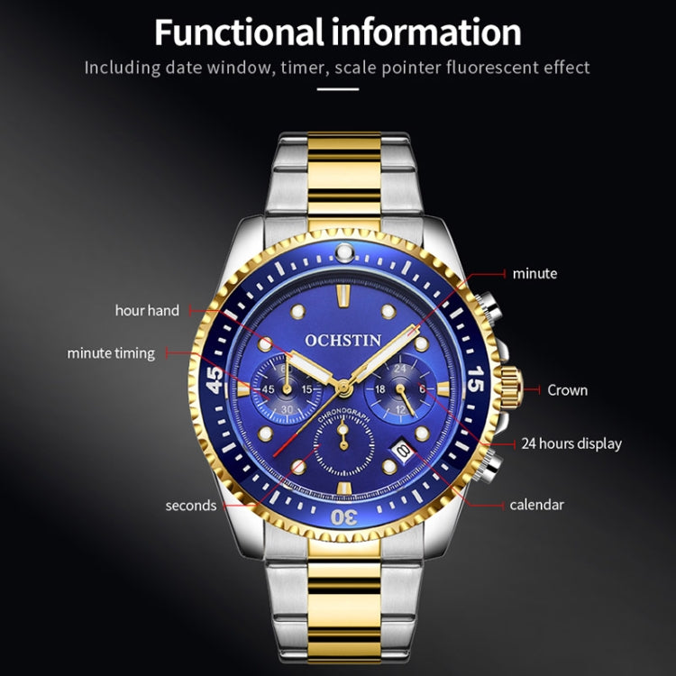 OCHSTIN 7019C Multifunctional Quartz Waterproof Luminous Steel Strap Men Watch(Blue+Gold) - Metal Strap Watches by OCHSTIN | Online Shopping South Africa | PMC Jewellery | Buy Now Pay Later Mobicred