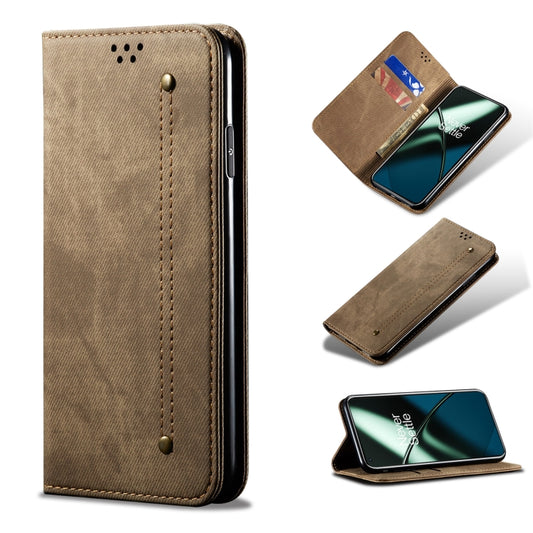 For OnePlus 11R Denim Texture Flip Leather Phone Case(Khaki) - OnePlus Cases by PMC Jewellery | Online Shopping South Africa | PMC Jewellery