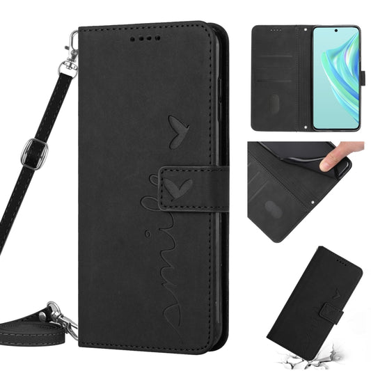 For Infinix Hot 20i Skin Feel Heart Pattern Leather Phone Case with Lanyard(Black) - Infinix Cases by PMC Jewellery | Online Shopping South Africa | PMC Jewellery