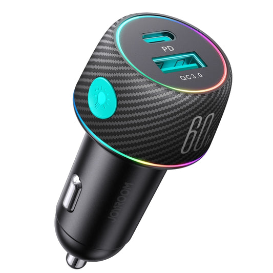 JOYROOM JR-CCN01 60W USB+USB-C / Type-C Multi-color Car Charger with Light Button(Black) - Car Charger by JOYROOM | Online Shopping South Africa | PMC Jewellery